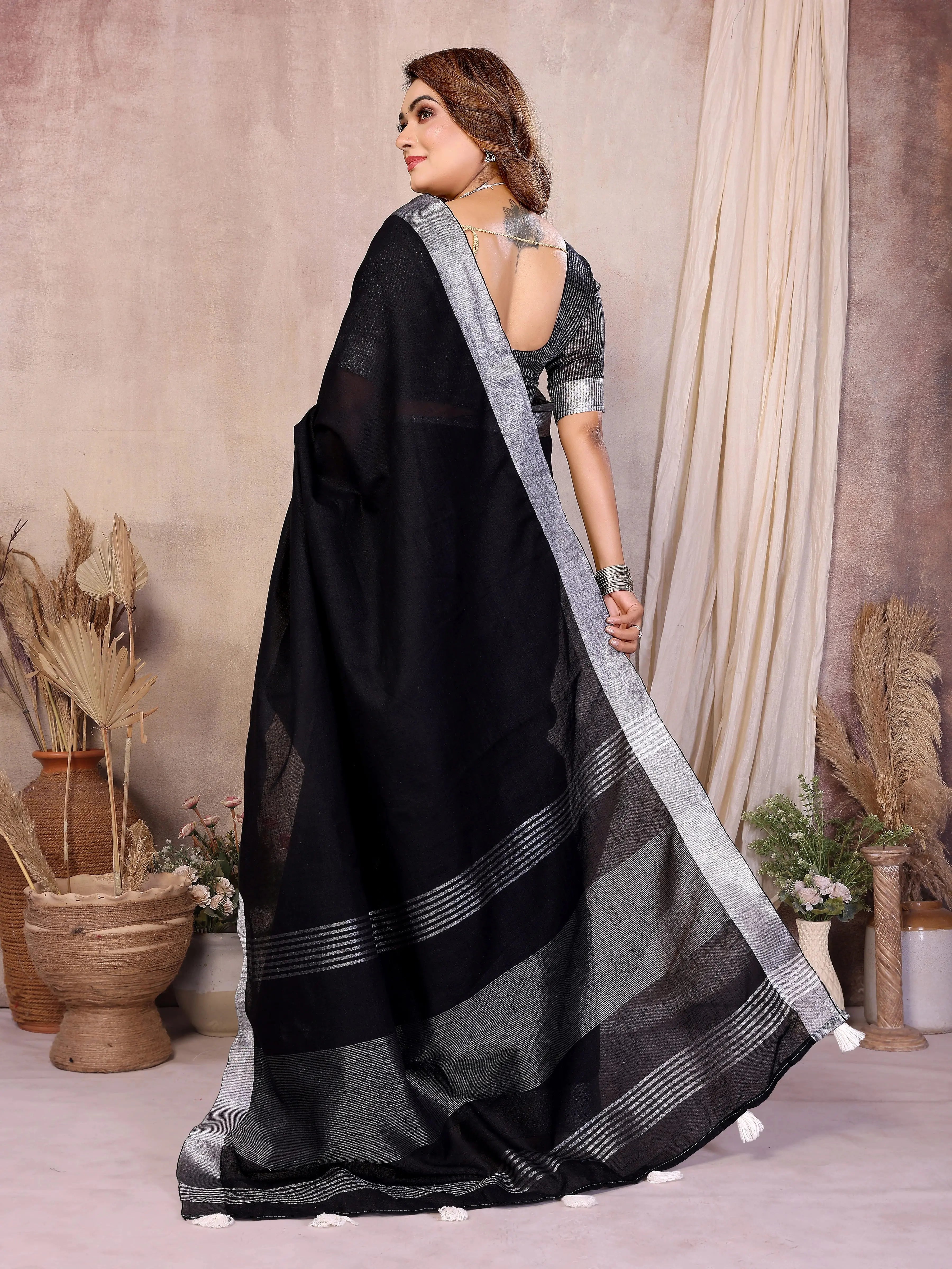 black zari border soft linen cotton saree